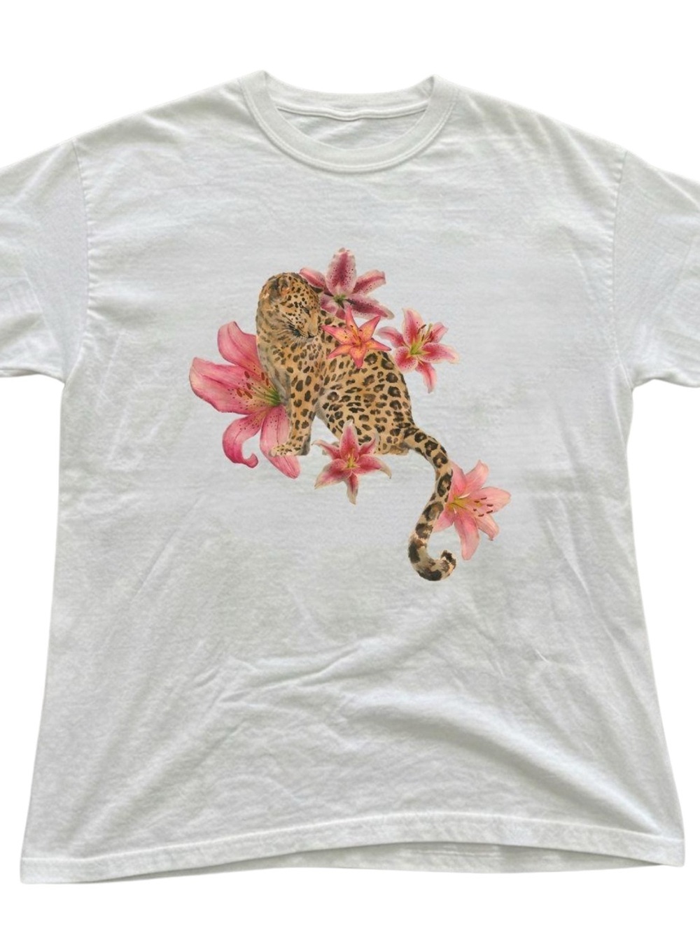 Gildan White Tee with Pink Lily and Leopard Graphic, Gift For Her, For Him